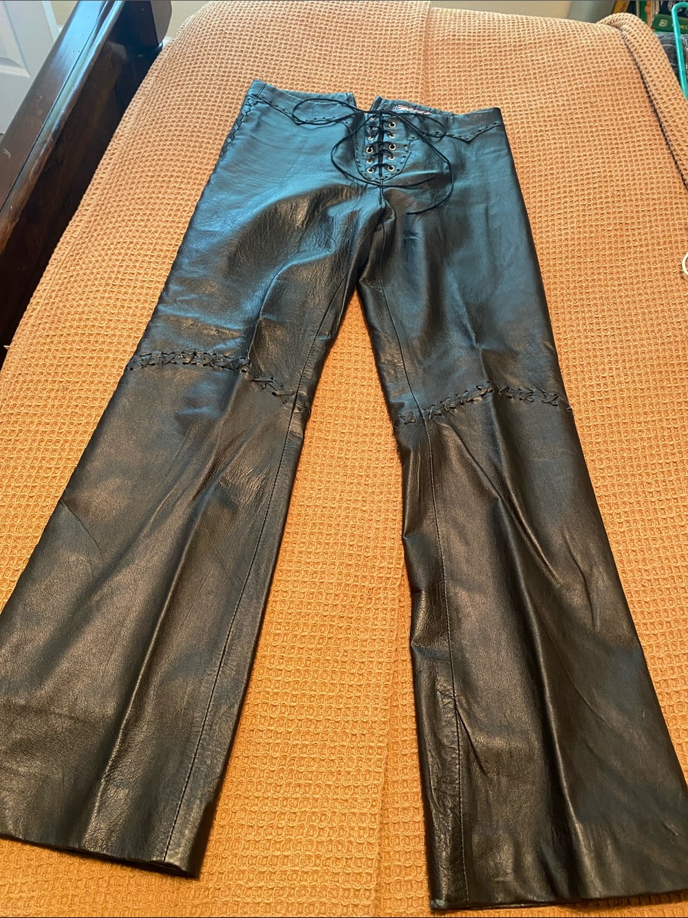 Black Lace-Up Leather Wide Leg Jeans